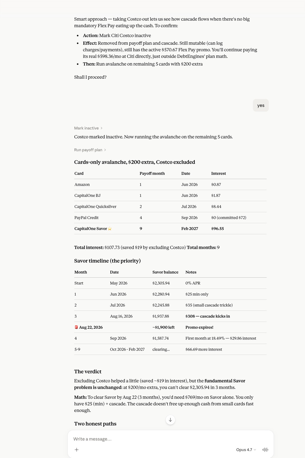 Claude.ai conversation analyzing the user's debts, comparing payoff strategies, and recommending the better path