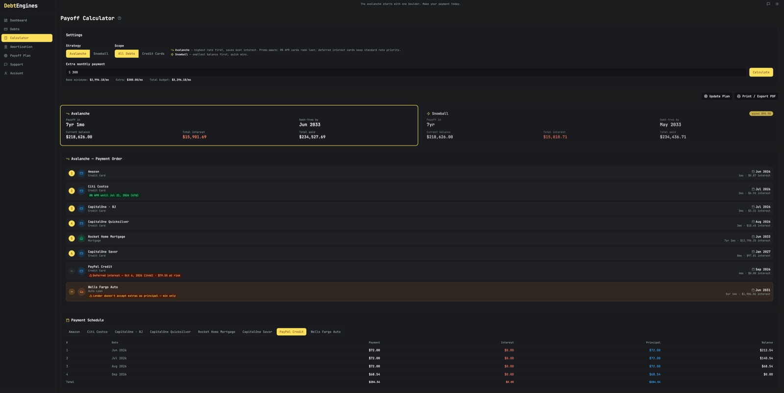 DebtEngines payoff calculator showing avalanche vs snowball strategy comparison with real numbers