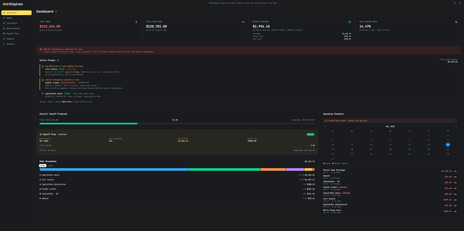 DebtEngines dashboard showing total owed, monthly minimums, weighted APR, and upcoming payments calendar